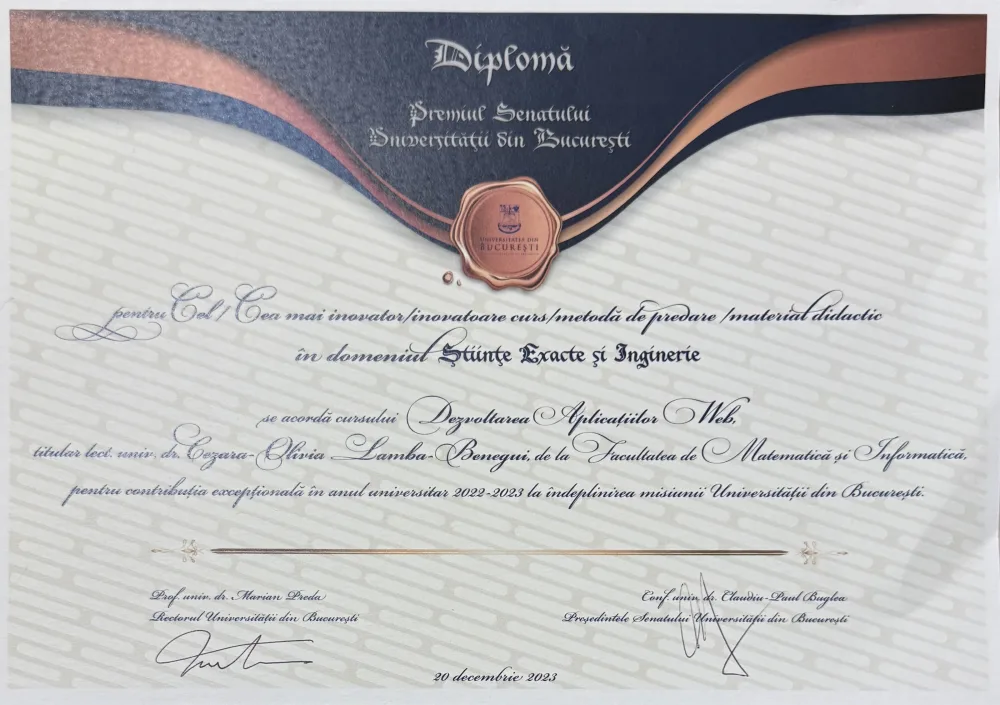 Diploma Premiul Senatului Universității din București pentru cursul Dezvoltarea Aplicațiilor Web