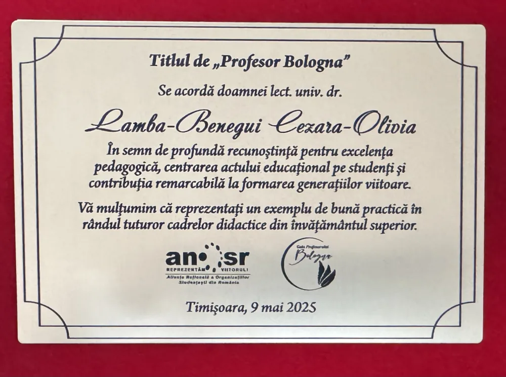 Plachetă pentru titlul de Profesor Bologna acordat de ANOSR